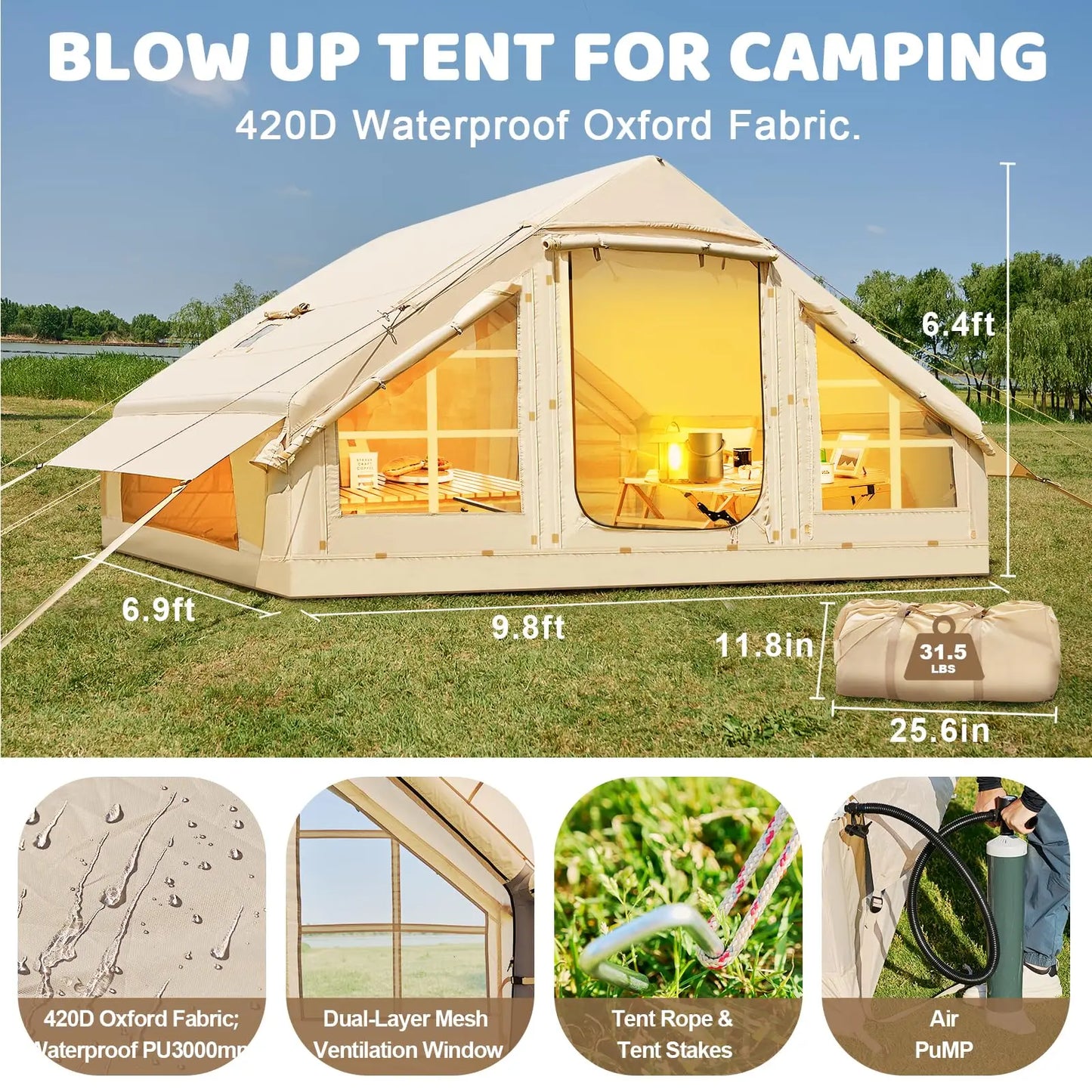 4-6 People Inflatable Tent with Pump  Easy Set-up Air Tent