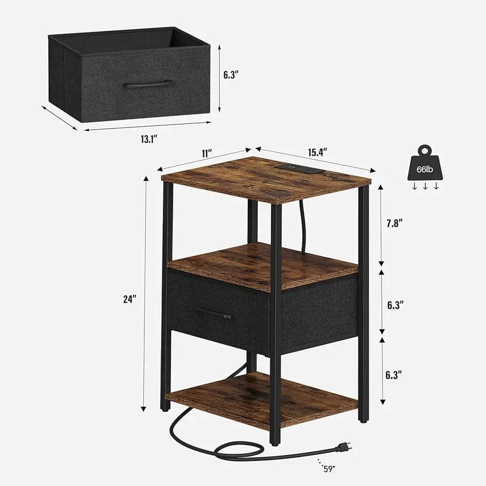End Table with Charging Station Set of 2 Fabric Drawer