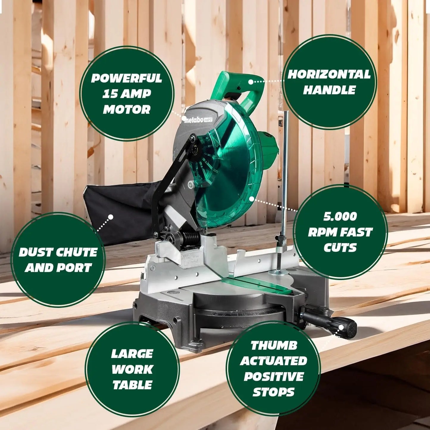 Compound Miter Saw, 10" with Large Table for woodworking 15-Amp Motor, Accurate Miter Angles