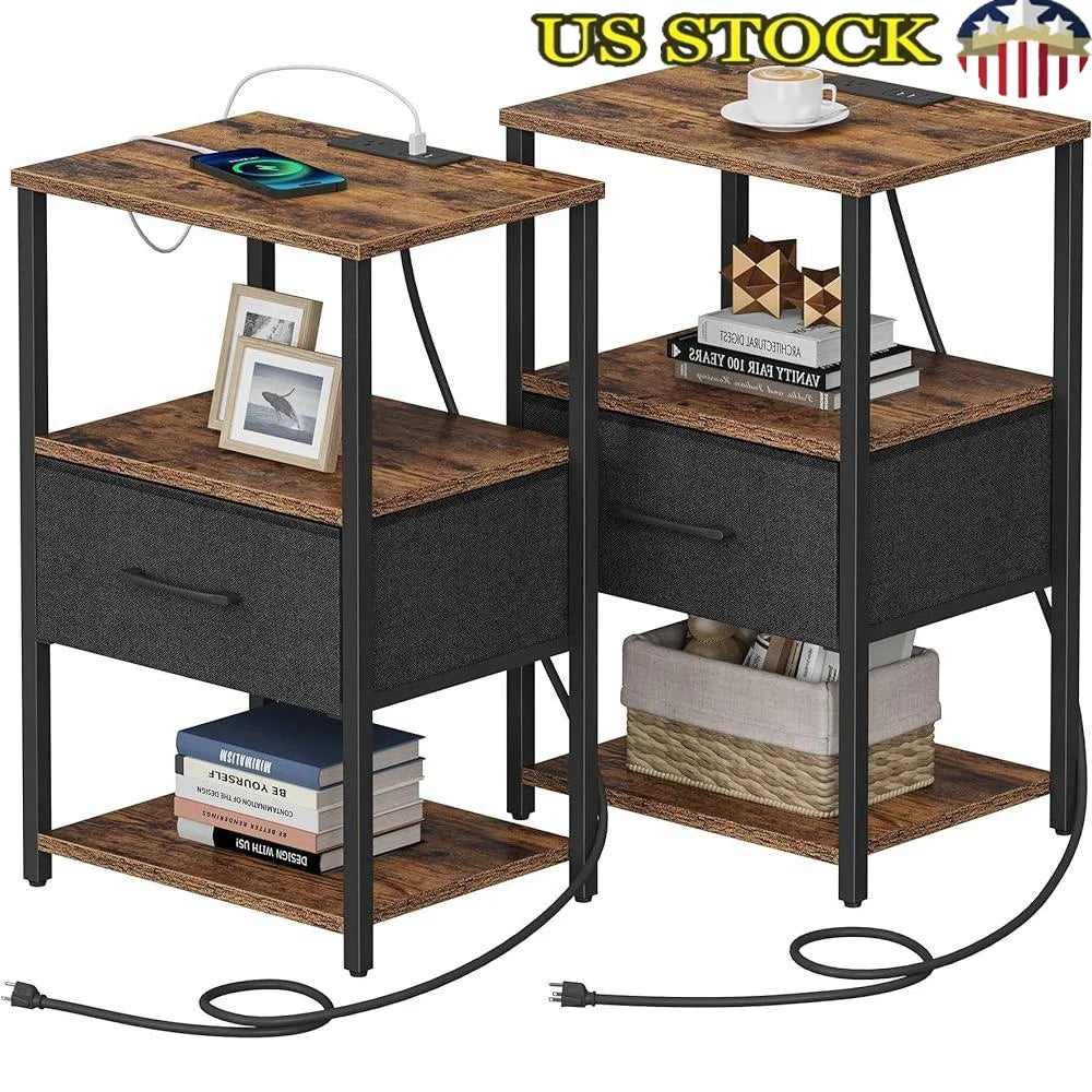 End Table with Charging Station Set of 2 Fabric Drawer
