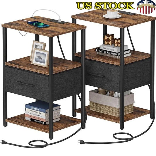 End Table with Charging Station Set of 2 Fabric Drawer