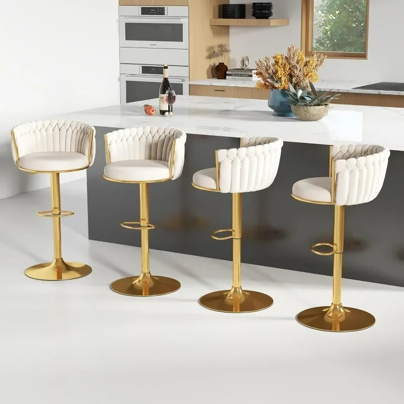 Set of 4, Velvet Swivel Barstools, Adjustable Woven Backrest,