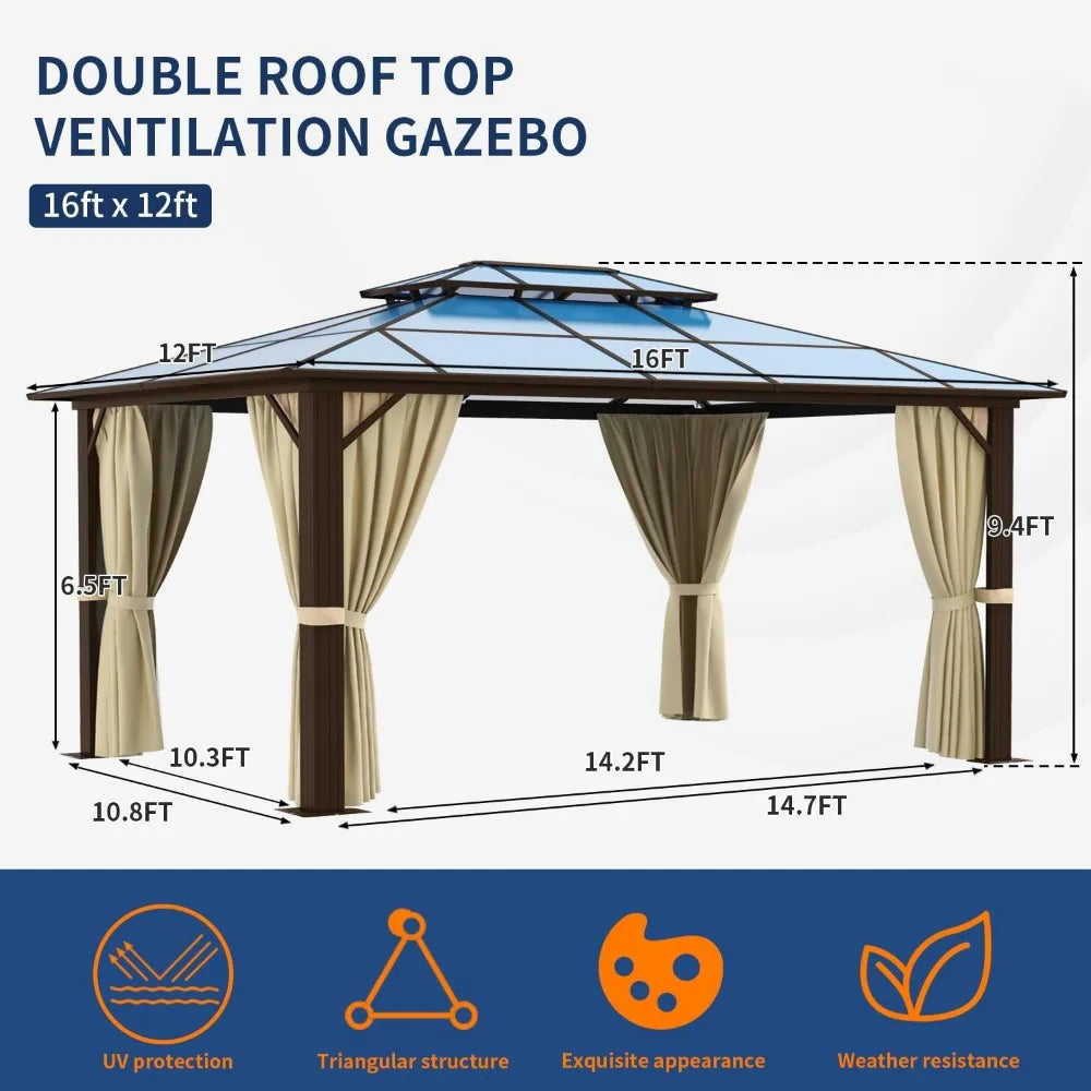 12'x16' Hardtop Gazebo Double Roof Canopy, Aluminum Frame