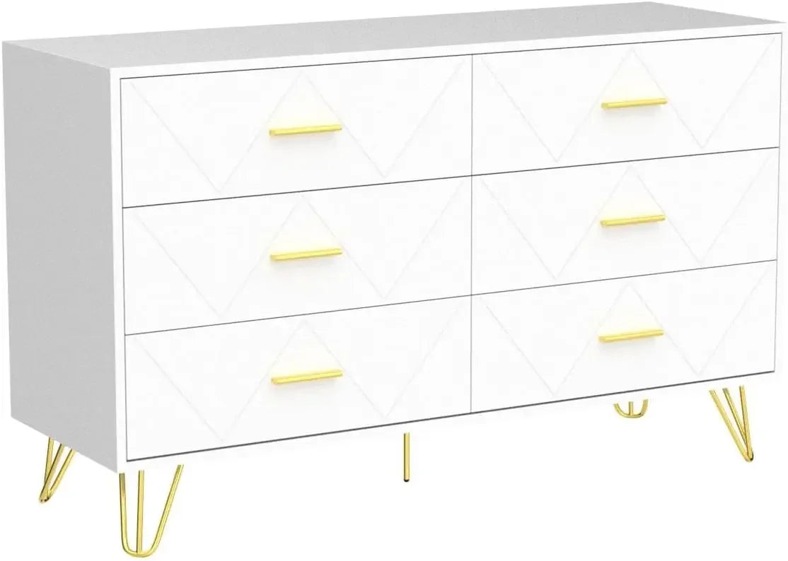 White Dresser, 6 Wide Drawers and Metal Handles