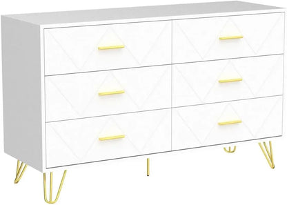 White Dresser, 6 Wide Drawers and Metal Handles