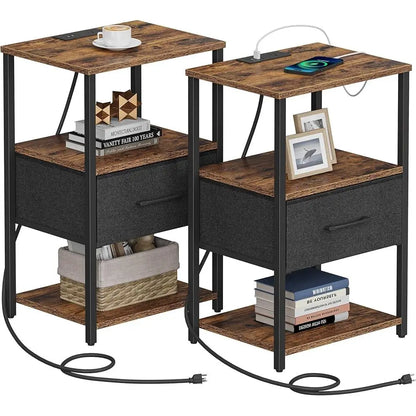 End Table with Charging Station Set of 2 Fabric Drawer