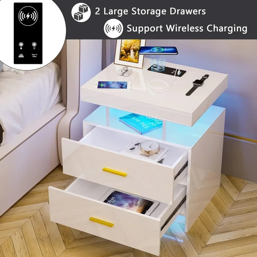 LED Nightstand Wireless Charging USB Ports , 3 Color Adjustable Brightness