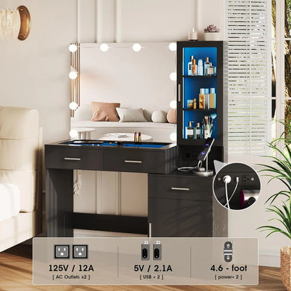 43in Glass Top Vanity with Mirror and Lights with Charging Station,