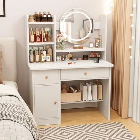 Dressing Table with Drawers, Vanity Desk with Mirror and Led Lights,