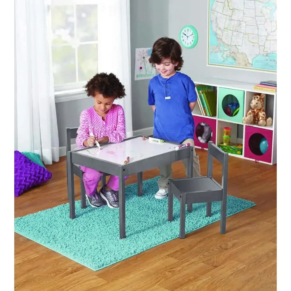 Child Table Chairs Set Grey Rubberwood Safety Round Edges