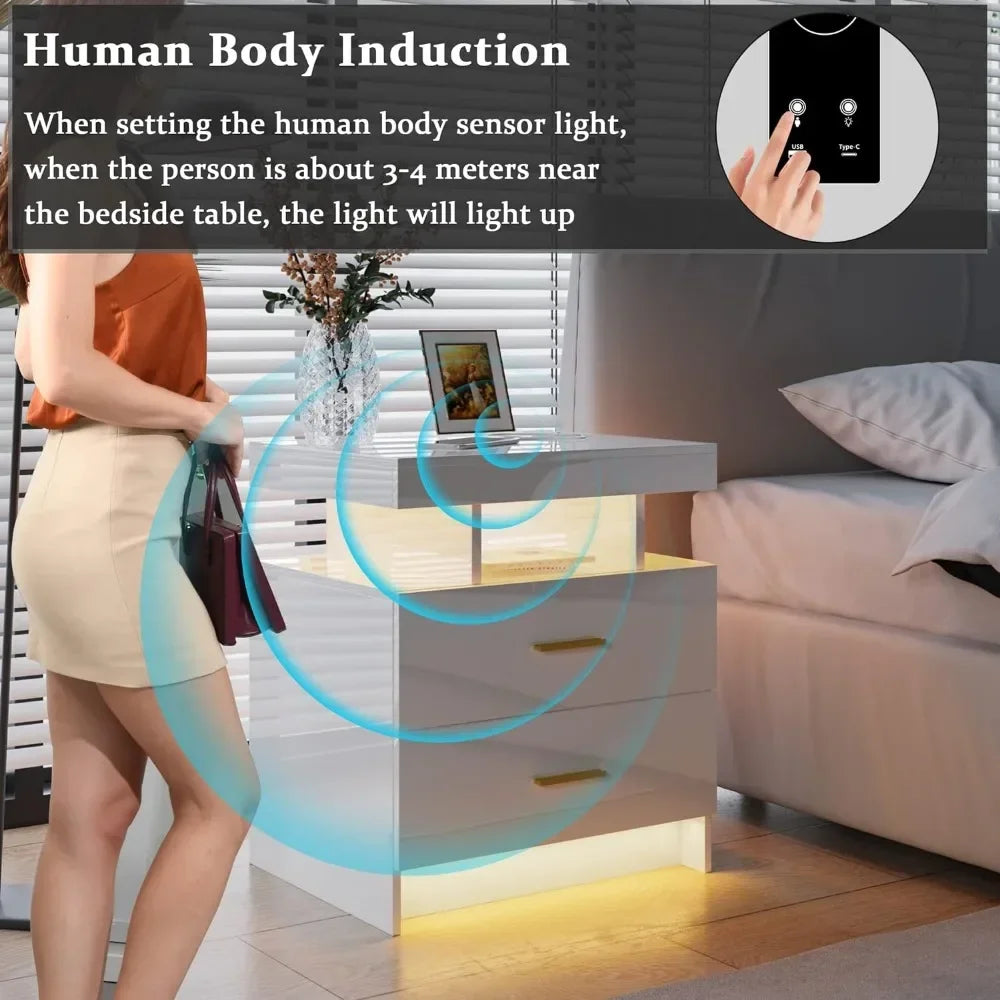 LED Nightstand Wireless Charging USB Ports , 3 Color Adjustable Brightness