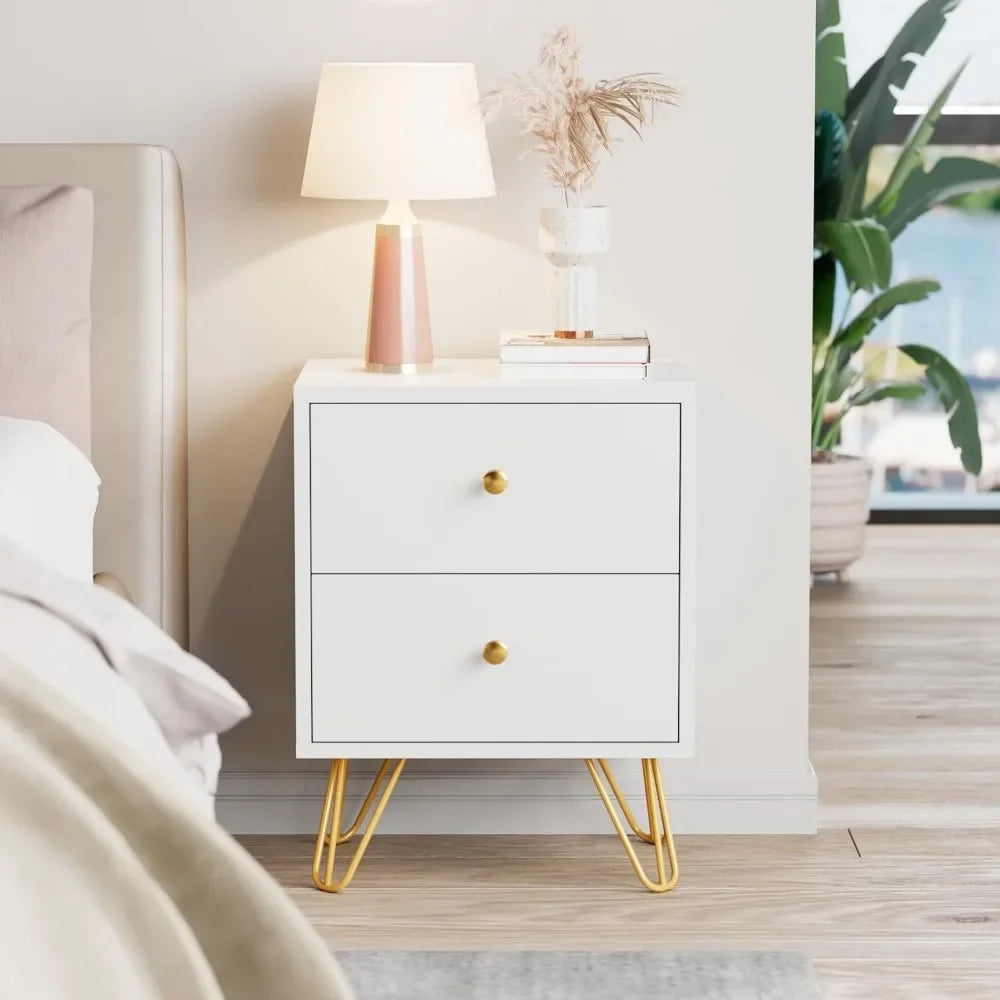 White Nightstand Set of 2  Metal Legs