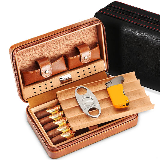 Portable Humidor Cigar Box Travel Case, Leather Cedar Wood