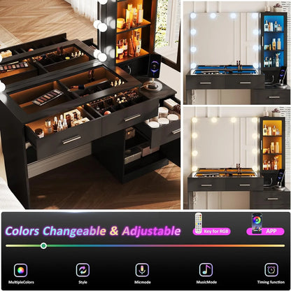 43in Glass Top Vanity with Mirror and Lights with Charging Station,