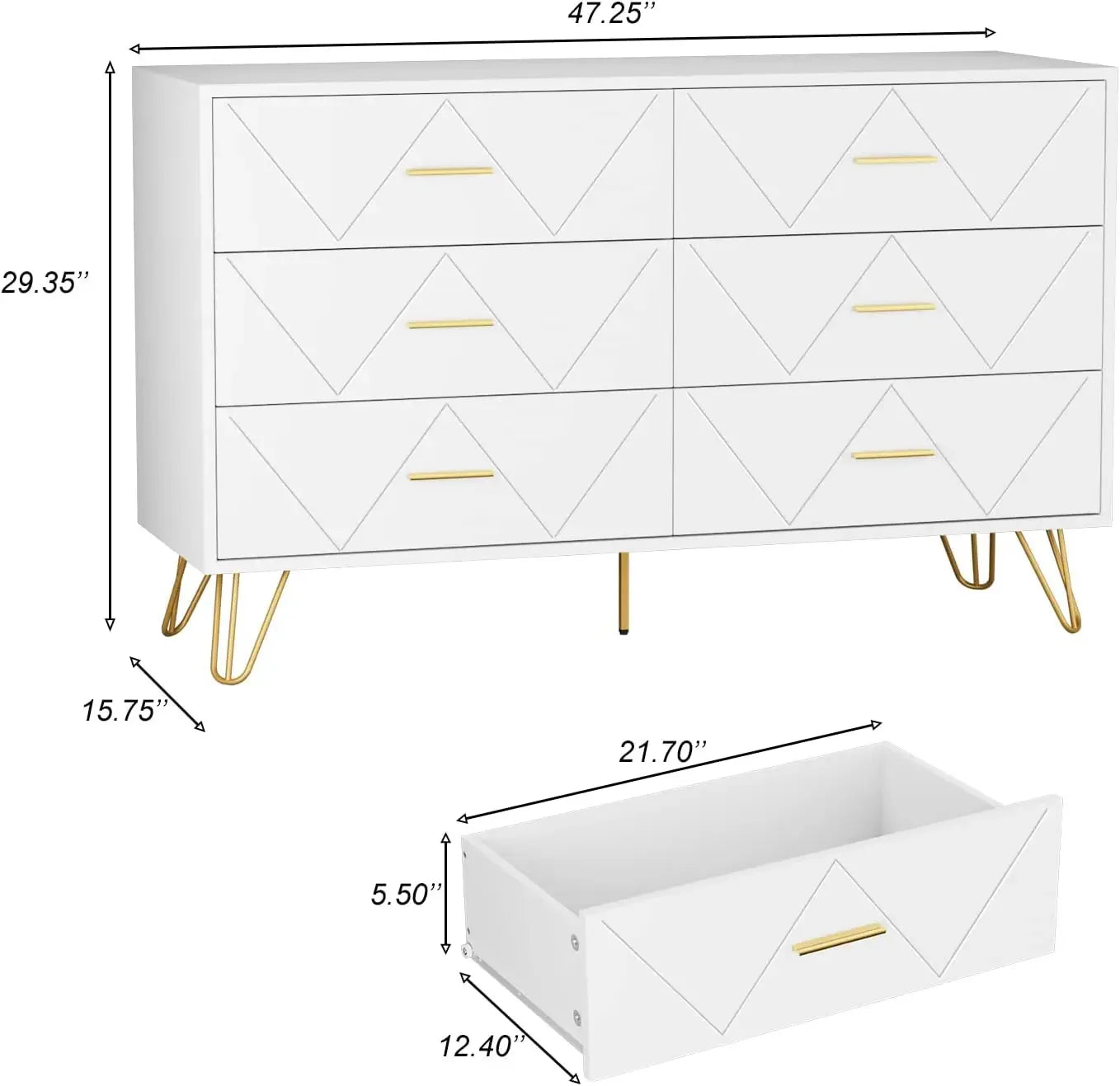 White Dresser, 6 Wide Drawers and Metal Handles