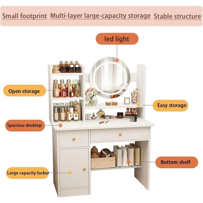 Dressing Table with Drawers, Vanity Desk with Mirror and Led Lights,