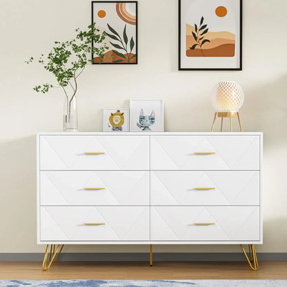White Dresser, 6 Wide Drawers and Metal Handles