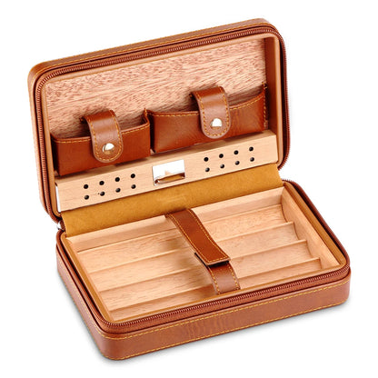 Portable Humidor Cigar Box Travel Case, Leather Cedar Wood