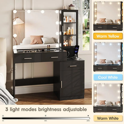 43in Glass Top Vanity with Mirror and Lights with Charging Station,