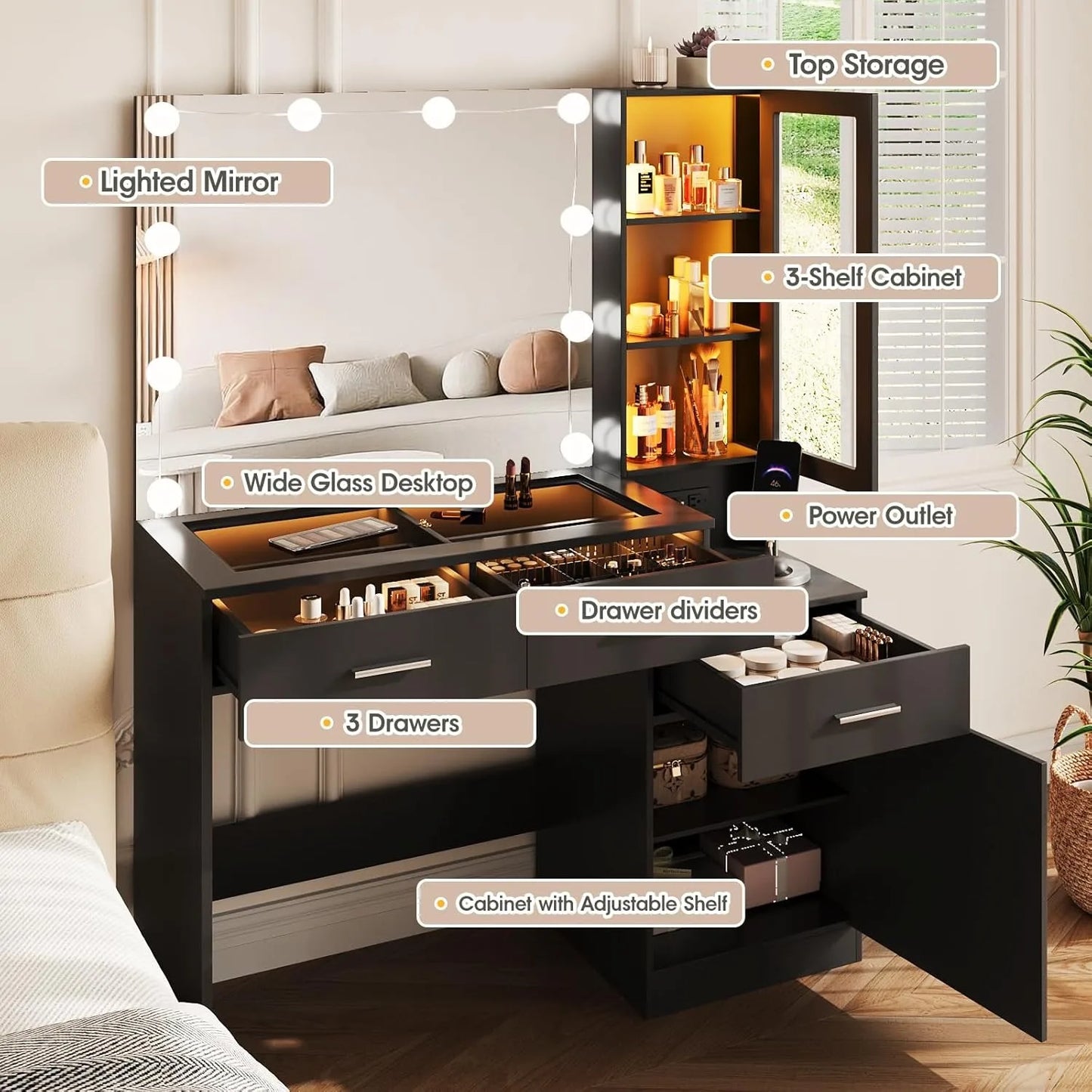 43in Glass Top Vanity with Mirror and Lights with Charging Station,