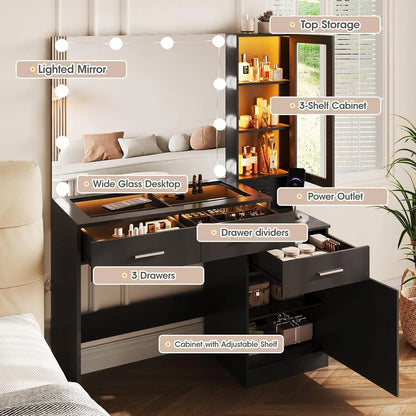 43in Glass Top Vanity with Mirror and Lights with Charging Station,