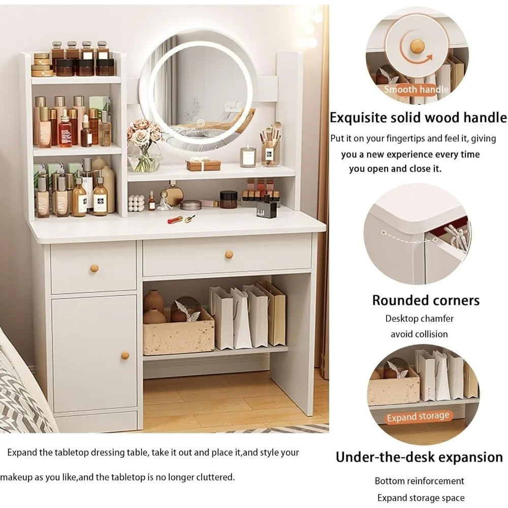 Dressing Table with Drawers, Vanity Desk with Mirror and Led Lights,