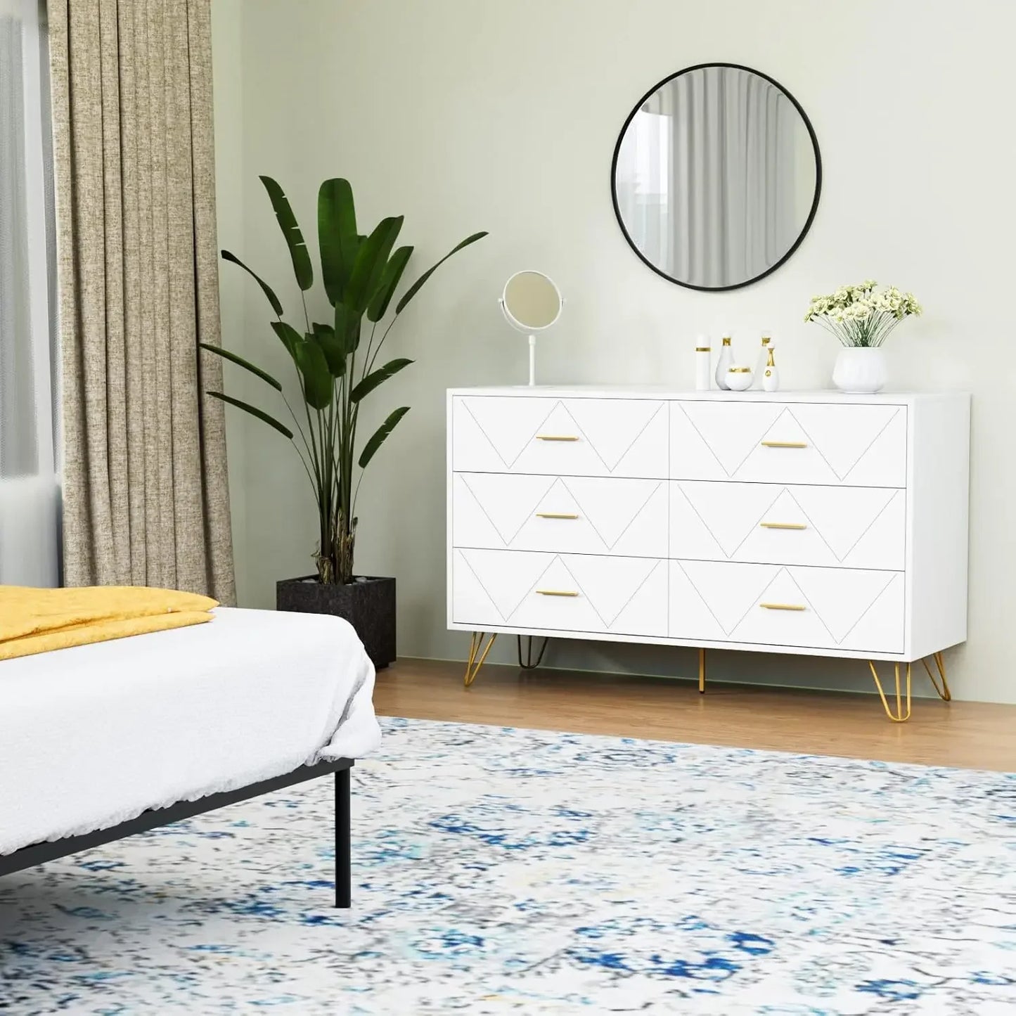 White Dresser, 6 Wide Drawers and Metal Handles