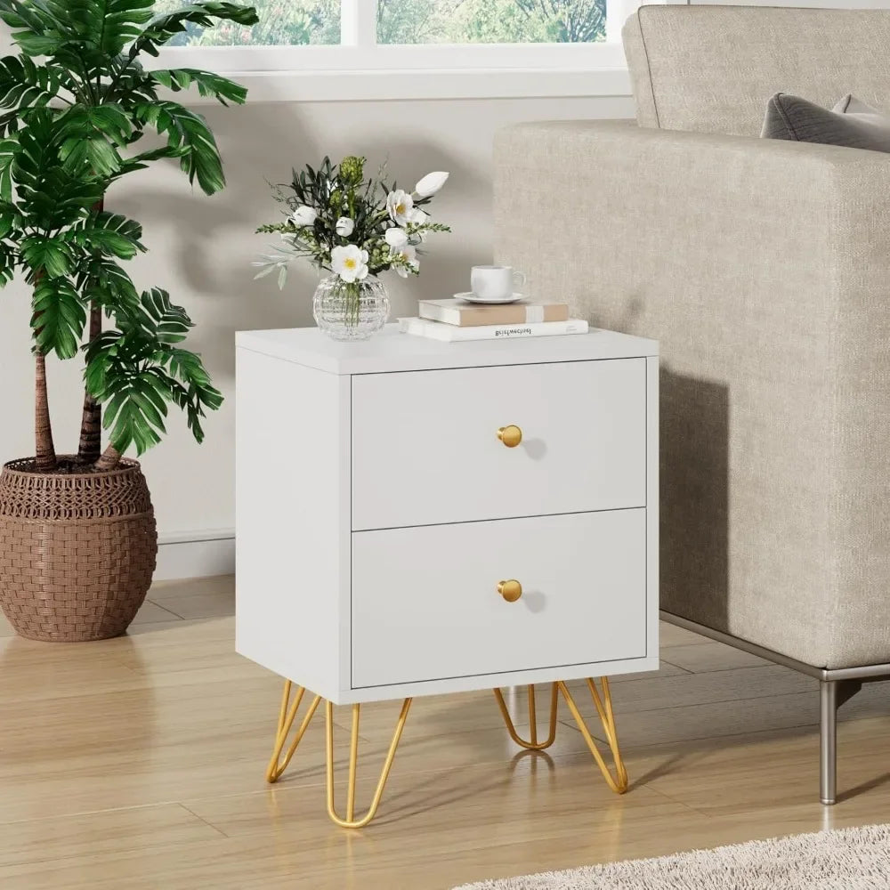 White Nightstand Set of 2  Metal Legs