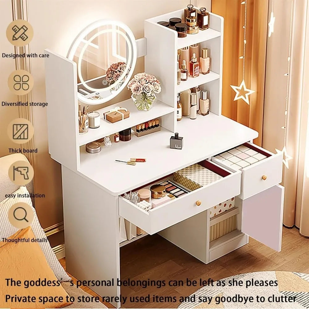 Dressing Table with Drawers, Vanity Desk with Mirror and Led Lights,
