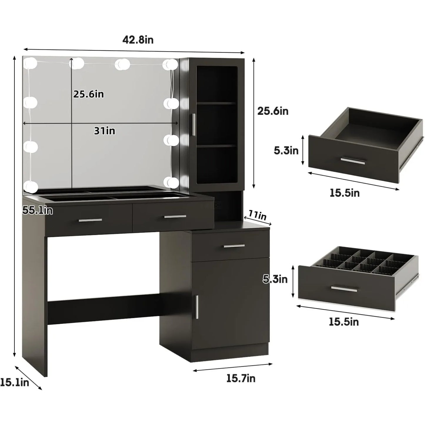 43in Glass Top Vanity with Mirror and Lights with Charging Station,