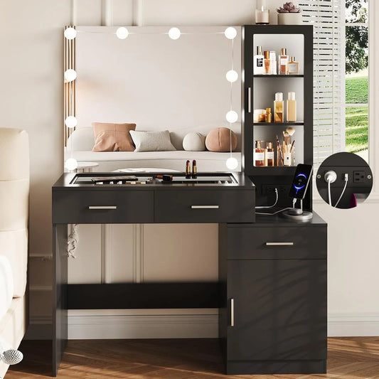 43in Glass Top Vanity with Mirror and Lights with Charging Station,