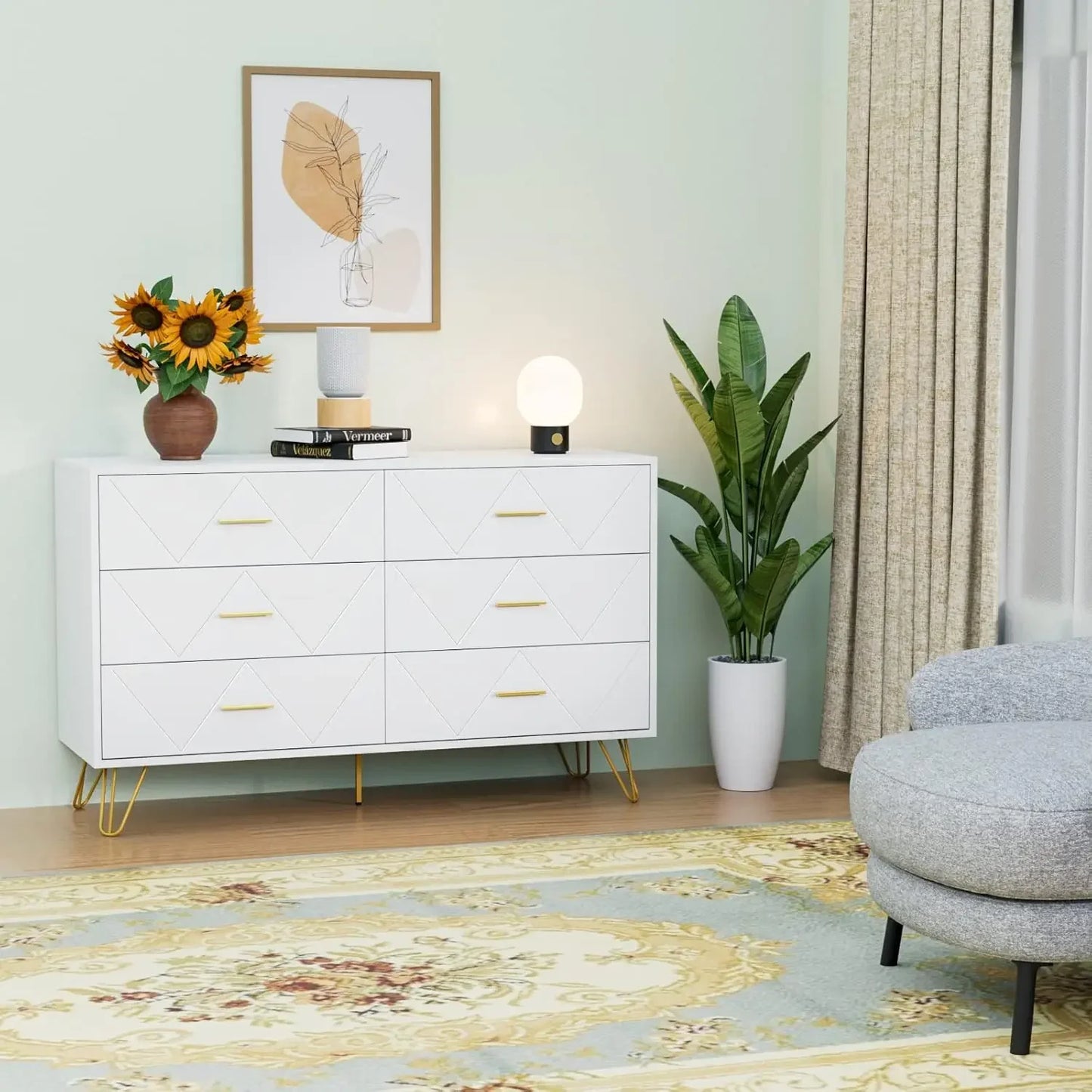 White Dresser, 6 Wide Drawers and Metal Handles