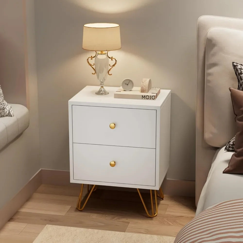 White Nightstand Set of 2  Metal Legs