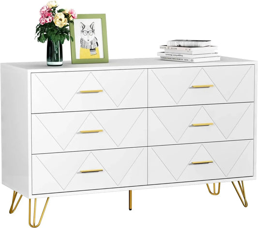 White Dresser, 6 Wide Drawers and Metal Handles