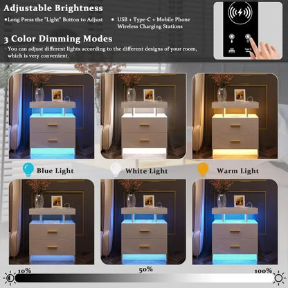 LED Nightstand Wireless Charging USB Ports , 3 Color Adjustable Brightness