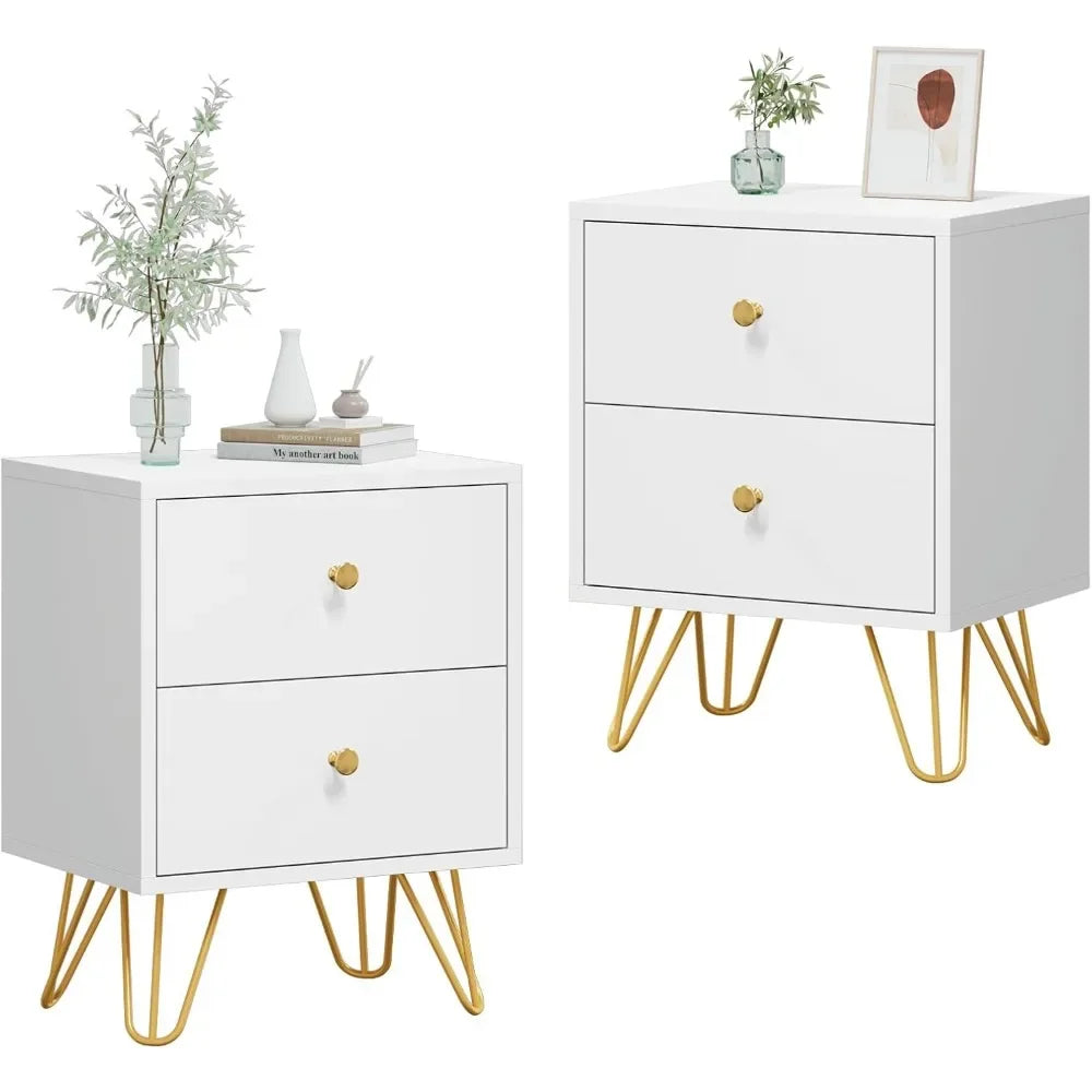 White Nightstand Set of 2  Metal Legs