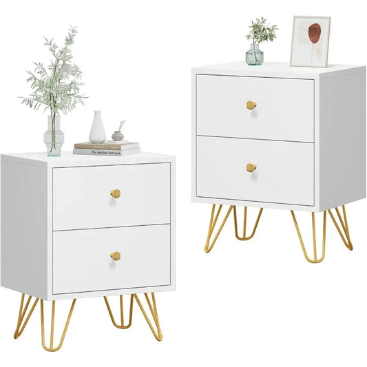 White Nightstand Set of 2  Metal Legs