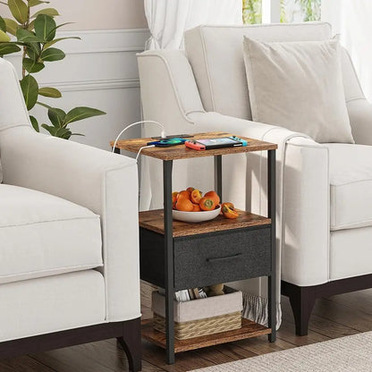 End Table with Charging Station Set of 2 Fabric Drawer