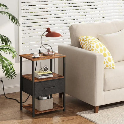 End Table with Charging Station Set of 2 Fabric Drawer